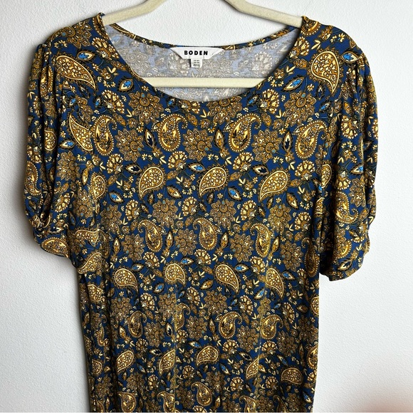 Boden Jersey Mini Dress in Harvest Gold Paisley puff sleeves size: 14R - Picture 3 of 12